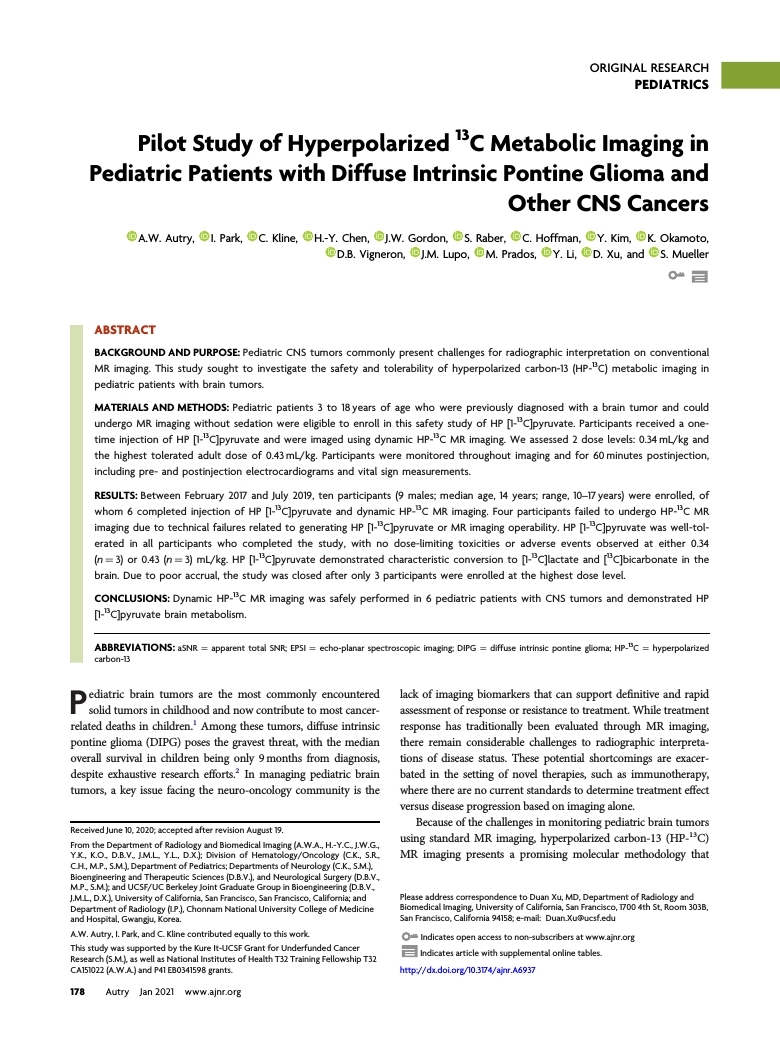 [국외논문] Pilot Study of Hyperpolarized 13C Metabolic Imaging in Pediatric Patients with Diffuse Intrinsic Pontine Glioma and Other CNS Cancers 첨부 이미지