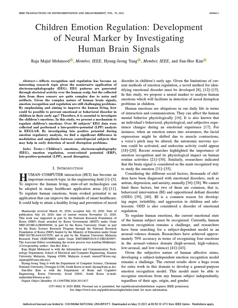 [국외논문] Children Emotion Regulation: Development of Neural Marker by Investigating Human Brain Signals 첨부 이미지