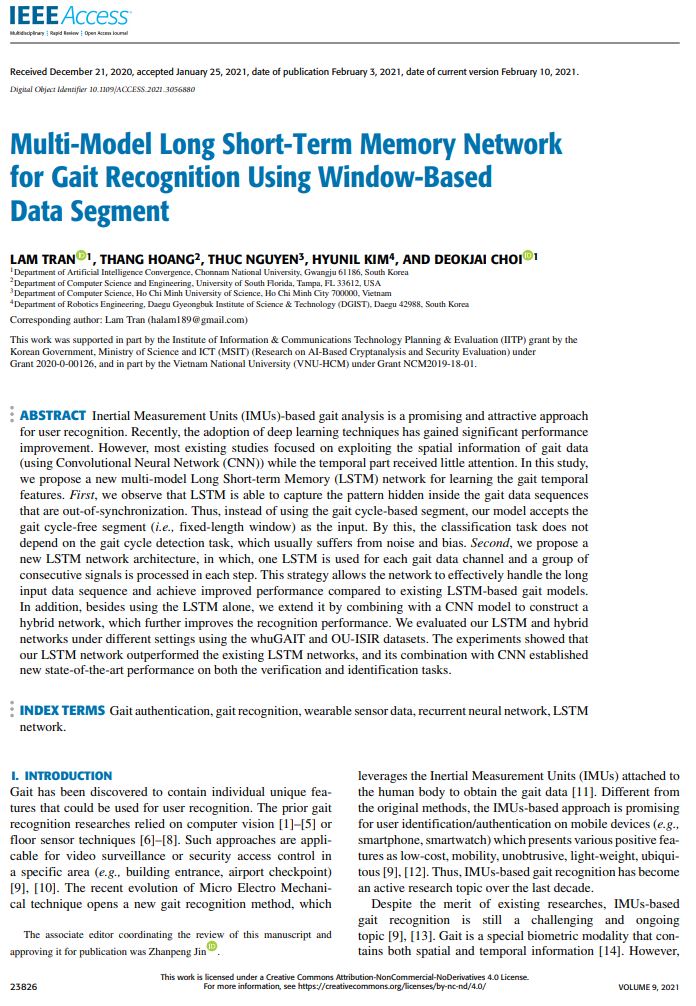 [국외논문] Multi-Model Long Short-Term Memory Network for Gait Recognition Using Window-Based Data Segment 첨부 이미지